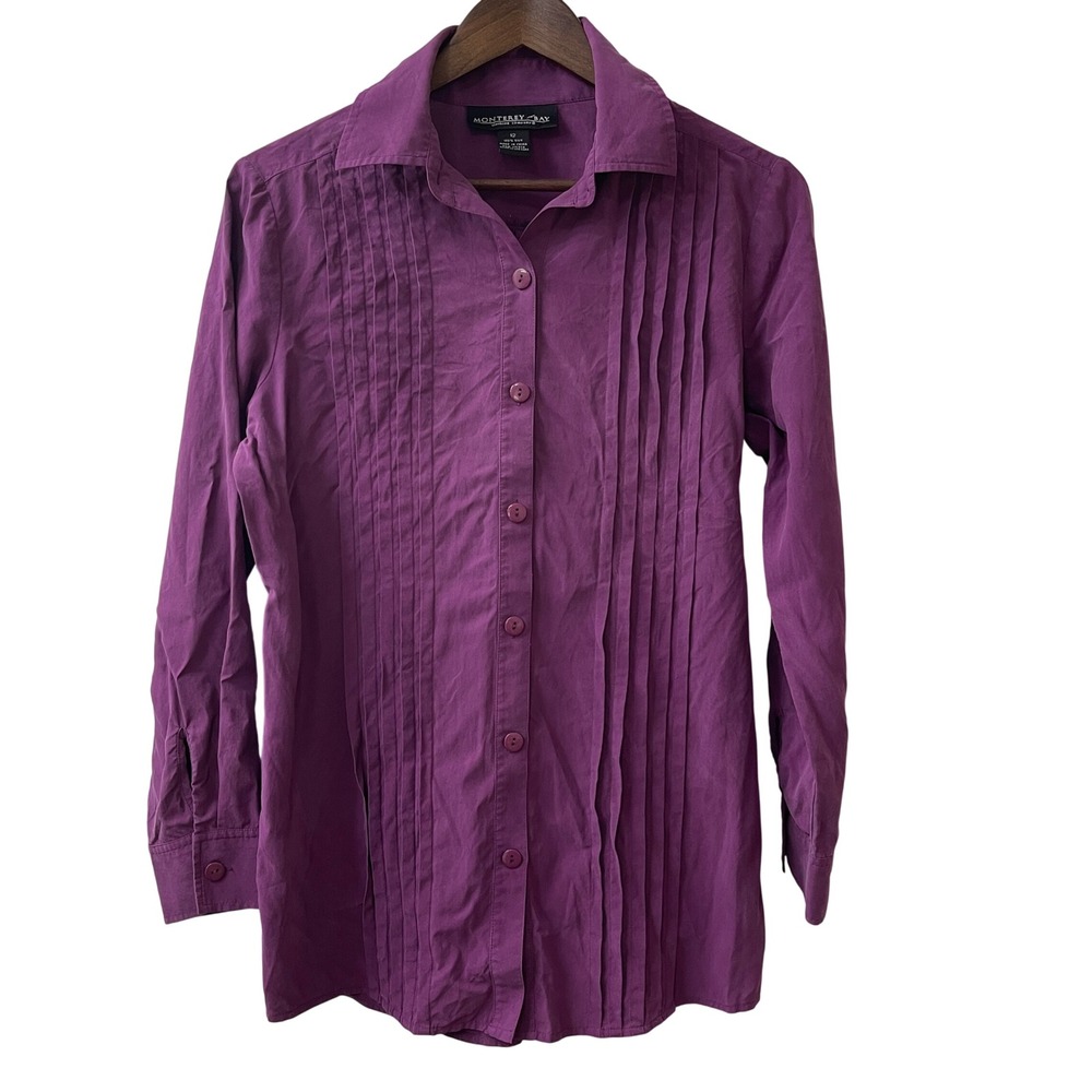 Monterey Bay Shirt Womens 12 Purple Silk Pintuck Pleated Button Down Blouse